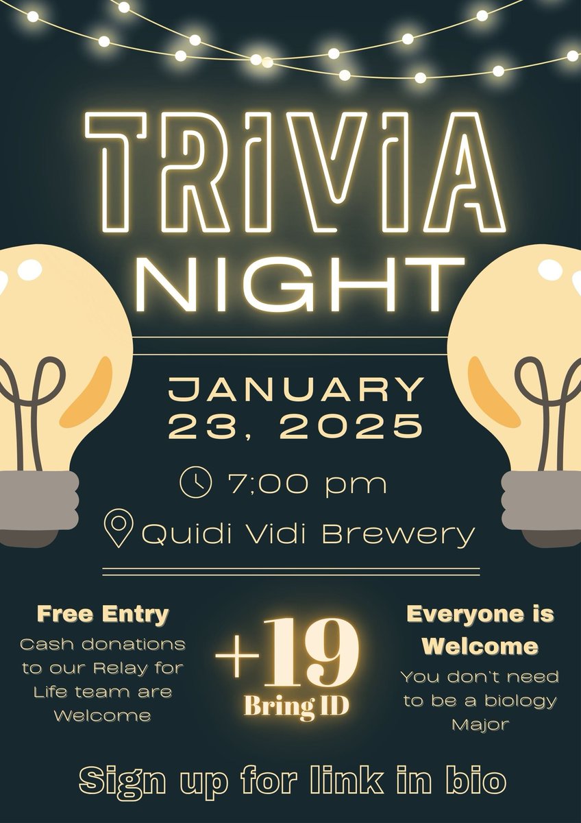 The Biology Society is excited to invite you to our upcoming Trivia Night next Thursday, January 23rd, at 7:00 PM at Quidi Vidi Brewery. This 19+ event is completely free, but we will gladly accept donations in support of our Relay for Life team.