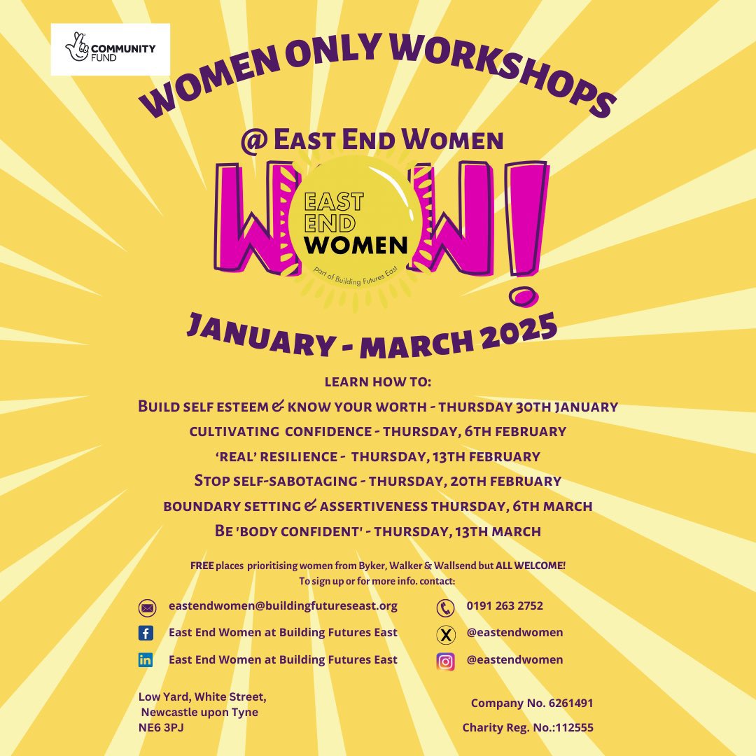 Our next WOW! Women Only Workshops start on Thursday 30th January here at our Low Yard site in Walker.

Contact <a href="/eastendwomen/">East End Women</a> to find out more or to reserve your place!