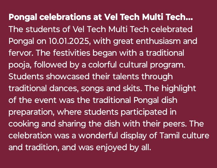 VelMultitech99's tweet image. *Pongal celebrations at Vel Tech Multi Tech...*
The students of Vel Tech Multi Tech celebrated Pongal on 10.01.2025, with great enthusiasm and fervor. The festivities began with a traditional pooja, followed by a colorful cultural program #VelTechMultiTech✨