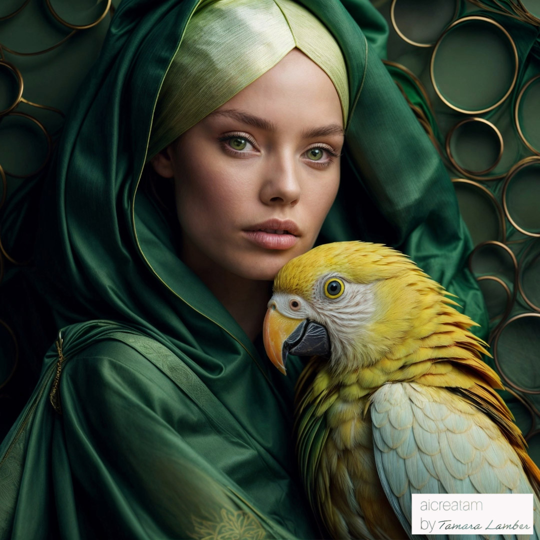 tamara_lamber's tweet image. Wrapped in the essence of the earth, she shares a silent connection with the vibrant beauty of a golden parrot.
#NatureAndHumanity #AIArt #GoldenParrot #EtherealBeauty #VisualArtistry #NatureInspired #ExoticWildlife #ArtisticPortrait #FuturisticArt #AIAndNature #GreenElegance