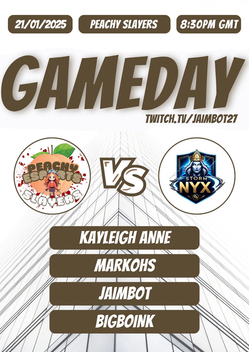 🚨GAME DAY 🚨

Peachy Slayers Vs Storm Nyx! 🔥 

🅰️ <a href="/Absolute_League/">Absolute League</a>
🕜 8:30 PM GMT 
🎥 twitch.tv/jaimbot27 

🍑 <a href="/_kayleighscott/">Kayleigh</a>
🍑 <a href="/jaimbot3/">Jaimbot</a>
🍑 <a href="/Markohhss/">Markohhs</a>
🍑 @BigBoinkk