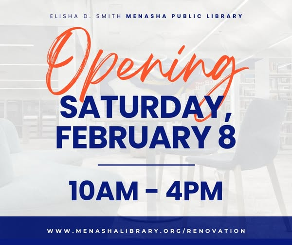 menashalibrary's tweet photo. We have a big announcement: the Menasha Public Library is reopening on Saturday, February 8th! 🥳🎊 
Stay tuned for more details about upcoming events ✨

Our hours opening weekend will be:
Saturday, Feb 8 from 10am-4pm
Sunday, Feb 9 from 12pm-4pm https://t.co/YnBptpPJ7j