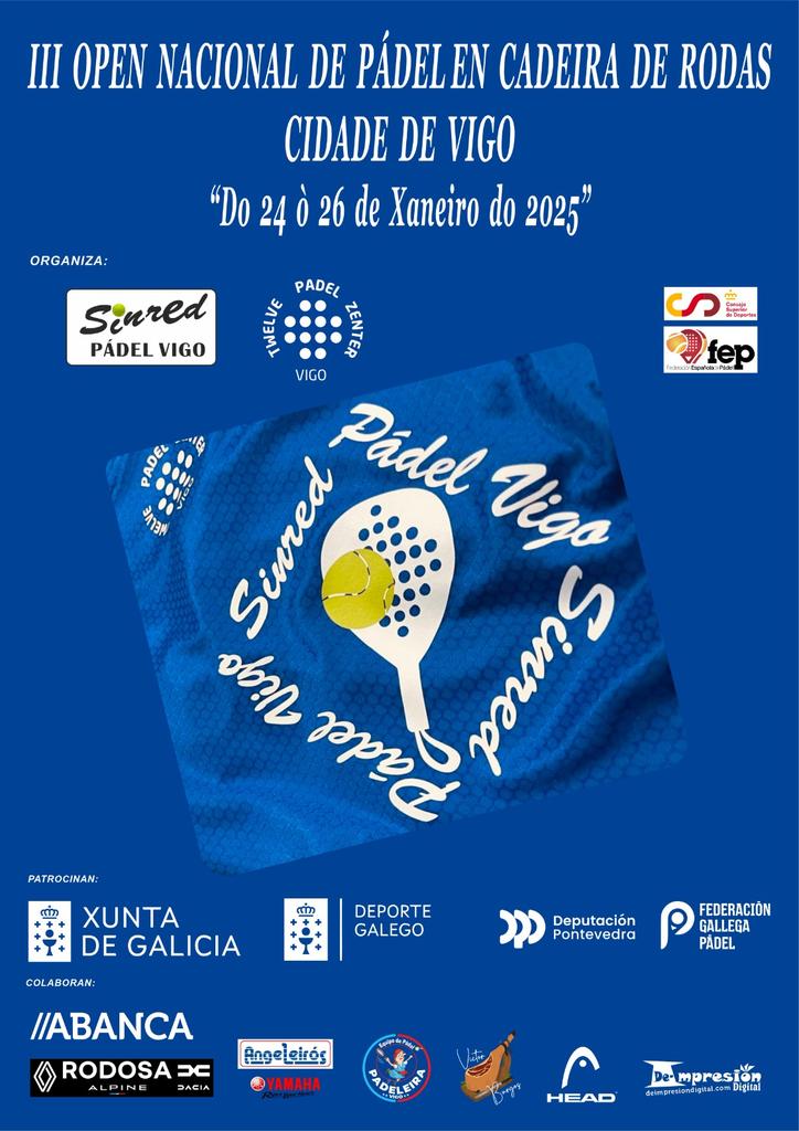Mañana Miércoles 22 Enero  presentación oficial del III OPEN NACIONAL DE PADEL CADEIRA DE RODAS "CIDADE DE VIGO"
En el Twelve Pádel Zenter a las 13:00h.
Con la presencia de Autoridades, patrocinadores; colaboradores y el equipo <a href="/sinredvigopadel/">SinRed Padel Vigo y Padel Murcia ♿🎾</a>, organizador del evento deportivo.