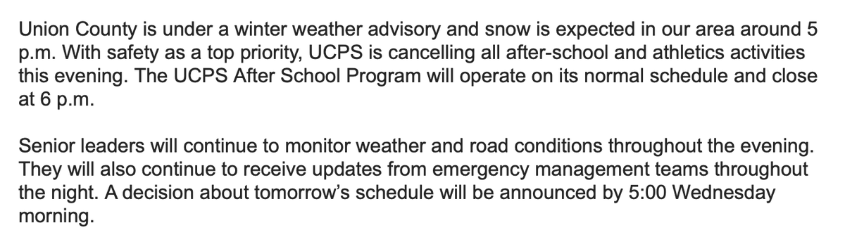 Union County Public Schools (@ucpsnc) on Twitter photo WINTER WEATHER ALERT (1/2) With safety as a top priority, #UCPS is cancelling all after-school and athletics activities this evening. The UCPS After School Program will operate on its normal schedule and close at 6 p.m. <a href="/AGHoulihan/">Andrew G. Houlihan</a> WINTER WEATHER ALERT (1/2) With safety as a top priority, #UCPS is cancelling all after-school and athletics activities this evening. The UCPS After School Program will operate on its normal schedule and close at 6 p.m. <a href="/AGHoulihan/">Andrew G. Houlihan</a>