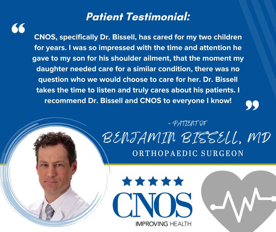 CNOSPC's tweet photo. Patients who have seen CNOS Orthopaedic Surgeon, Dr. Benjamin Bissell, recommend his care!

⭐️⭐️⭐️⭐️⭐️

#TestimonialTuesday #CNOS #ImprovingHealth #Orthopaedics #OrthopaedicSurgeon #SportsMedicine #JointReplacement #Hip #Shoulder #Knee #Surgery #Siouxland #FiveStarReview https://t.co/1mqEPFmgWO