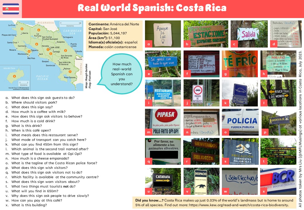 As part of our work on holidays, S4 🇪🇸 had a go at deciphering language in pictures from my trip to Costa Rica a couple of years ago. They were working so quietly that a colleague thought they were doing an assessment! Thank you <a href="/OllieMFL/">𝗢𝗹𝗹𝗶𝗲𝗠𝗙𝗟</a> and @MrFrancisMFL for the inspiration.