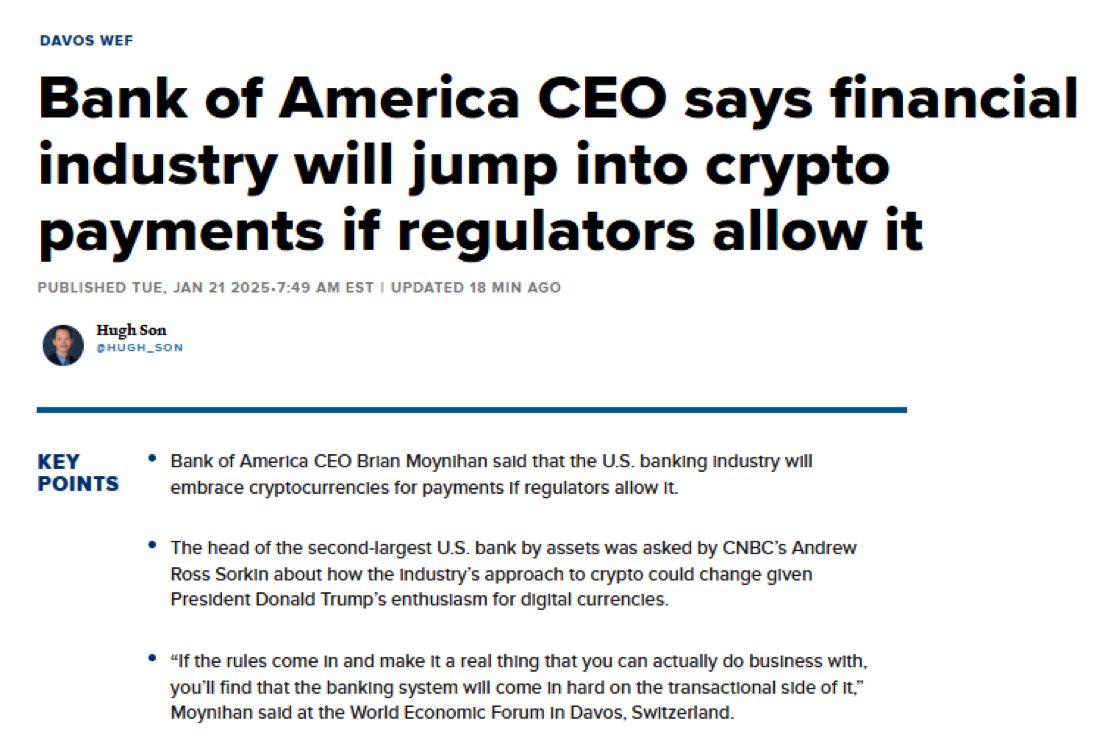 💥BREAKING: Bank of America’s CEO say Wall Street is ready to “come in hard” for Bitcoin and crypto if the regulators allow them.