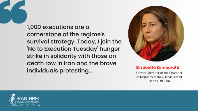 IRAN HRM (@iranhrm) on Twitter photo Elisabetta Zamparutti from <a href="/HandsOffCain_It/">Nessuno Tocchi Caino- Spes contra spem</a>: "1,000 executions are the pillar of the regime's survival strategy. Today, I join the 'No to Execution Tuesday' hunger strike in solidarity with Iran's death row prisoners". #StopExecutionsInIran
She said the death row in Iran is the Elisabetta Zamparutti from <a href="/HandsOffCain_It/">Nessuno Tocchi Caino- Spes contra spem</a>: "1,000 executions are the pillar of the regime's survival strategy. Today, I join the 'No to Execution Tuesday' hunger strike in solidarity with Iran's death row prisoners". #StopExecutionsInIran
She said the death row in Iran is the