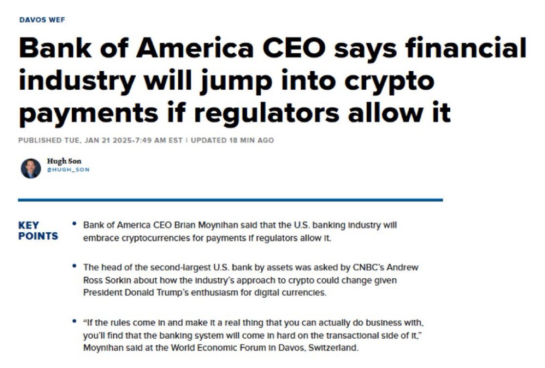 JUST IN: Bank of America’s CEO says banks are ready to “come in hard” for Bitcoin and crypto if the regulators allow them.