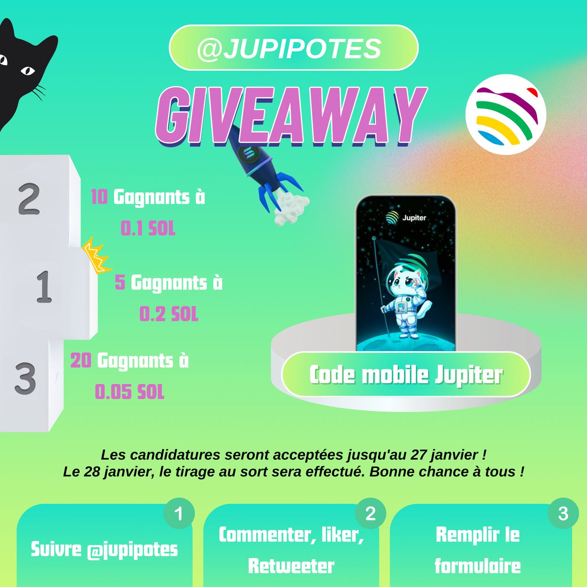 JUP FR (@jupipotes) on Twitter photo 🎉 Nous vous offrons une chance de remporter jusqu’à 0.2 $SOL grâce aux invitations <a href="/jup_mobile/">Jupiter Mobile (v2 arc)</a> !!!
🎁 3 lots de récompenses : 0.05 , 0.1 , 0.2 $SOL
😻35 gagnants au total
꧁•⊹٭ Bonne chance 😘٭⊹•꧂
🔗👇𝙡𝙞𝙨𝙚𝙯 𝙣𝙤𝙨 𝙘𝙤𝙣𝙙𝙞𝙩𝙞𝙤𝙣𝙨 𝙙𝙚 🎉 Nous vous offrons une chance de remporter jusqu’à 0.2 $SOL grâce aux invitations <a href="/jup_mobile/">Jupiter Mobile (v2 arc)</a> !!!
🎁 3 lots de récompenses : 0.05 , 0.1 , 0.2 $SOL
😻35 gagnants au total
꧁•⊹٭ Bonne chance 😘٭⊹•꧂
🔗👇𝙡𝙞𝙨𝙚𝙯 𝙣𝙤𝙨 𝙘𝙤𝙣𝙙𝙞𝙩𝙞𝙤𝙣𝙨 𝙙𝙚