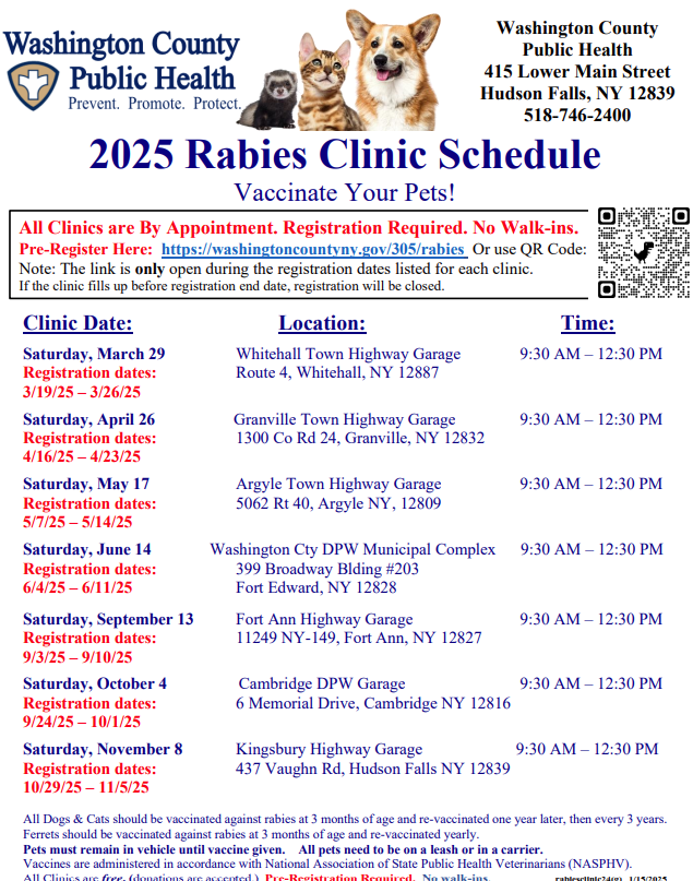 WashingtonCoPH's tweet photo. Washington County Public Health 2025 Rabies Clinic Schedule Released https://t.co/R8c0prOXPD https://t.co/wVhBGuTgye