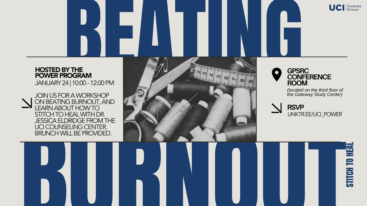 UCIrvineGD's tweet photo. Feeling burnt out? Come unwind and stitch your way to healing with Dr. Jessica Eldridge from the UC Irvine Counseling Center! 🧵✨

🥞 Brunch is on us!
🗓️ Fri. Jan 24th, 10am-12pm
📍 GPSRC Conference Room, 3rd Floor
✉️ RSVP: https://t.co/noK3VuZMi5

#UCIGradLife https://t.co/MX85Od6Rpw