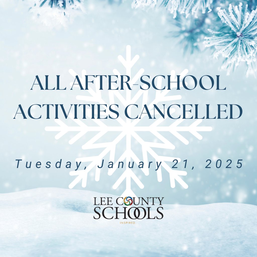 Due to the threat of winter weather this afternoon &amp; evening, all after school activities for Lee County Schools are cancelled for Tuesday, Jan. 21, 2025. 

We are monitoring the weather forecast &amp; will have additional information about tomorrow's schedule later this afternoon.