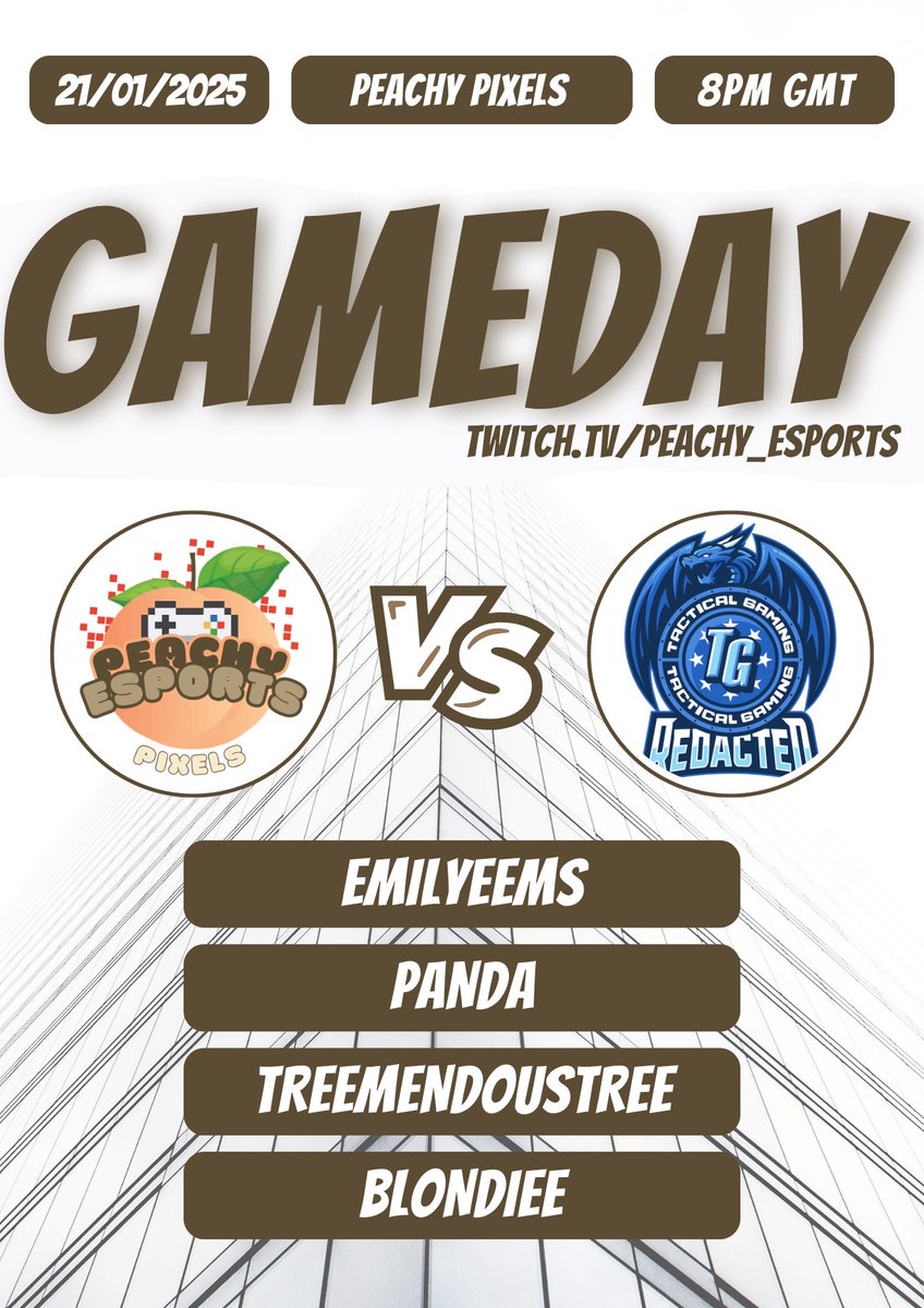 Peachy_eSports's tweet image. 🚨 GAME DAY 🚨

Peachy Pixels vs TG Redacted 🔥 

⭐️ @XP_Europe
🕜 8:00 GMT
🎥 twitch.tv/peachy_esports 

🍑 @Emily_eems
🍑 @OhPandaa
🍑 @BlondieeBeams
🍑 @DylanTree1