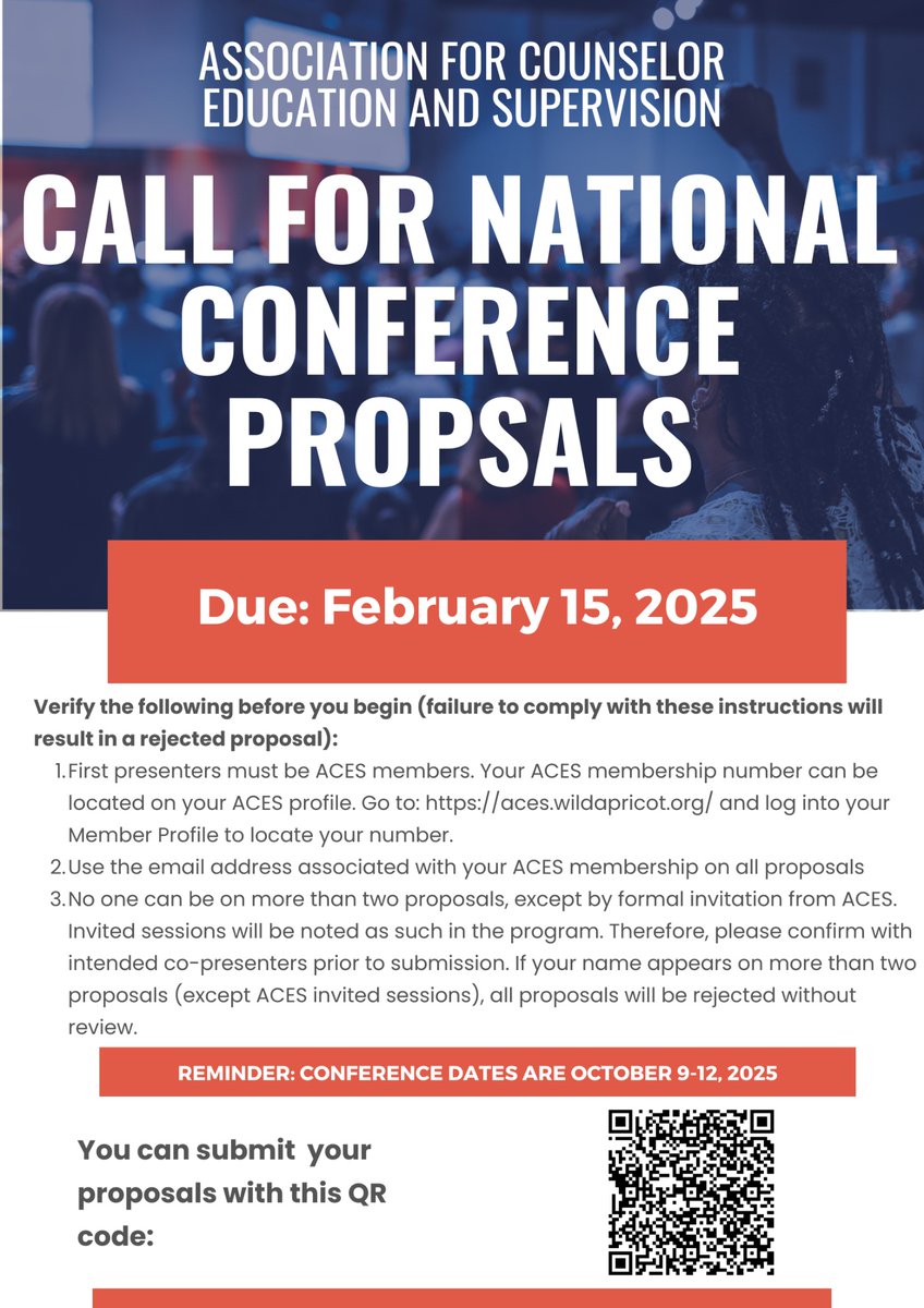 acesonlinenet's tweet image. We hope you will consider submitting a proposal for the 2025 #ACESConference !

The Call for Proposals is now open: acesonline.net/aces-national-… 
The proposal window closes 2/15/25.

#CES #CounselorEducation