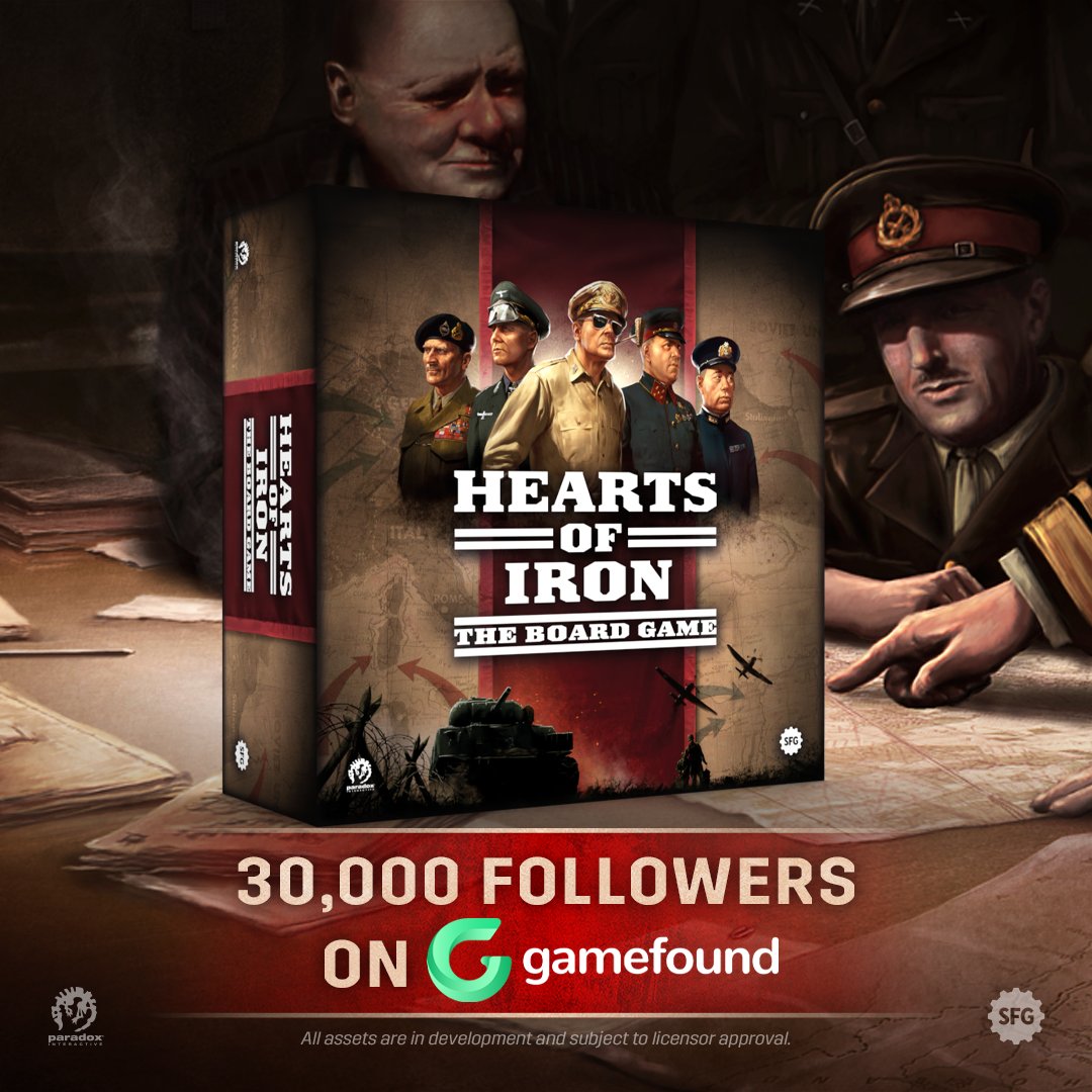 Over 30,000 of you have now joined the ranks, Generals! 🎉 
Safe to say we can’t wait to have you on board for the Gamefound launch on Jan 23rd 🎖️ 
Follow the Hearts of Iron: The Board Game campaign to receive FREE gifts with your pledge 👉 gamefound.com/projects/steam…