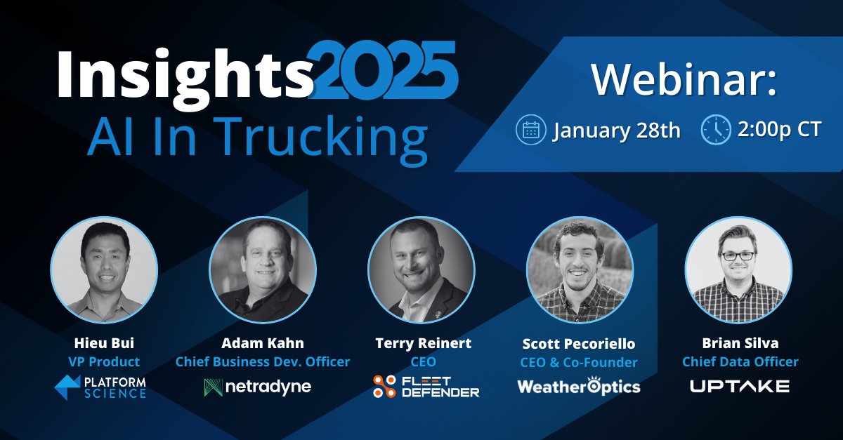 Join us on January 28th at 2:00 PM CT for a roundtable discussion with our partners from <a href="/Netradyne/">Netradyne</a>, <a href="/WeatherOptics/">WeatherOptics</a>, Fleet Defender, and <a href="/Uptake/">Uptake</a>. Discover how AI is enhancing fleet safety, efficiency, and cybersecurity.

Sign Up: platformscience-9339687.hs-sites.com/2025-insights-…