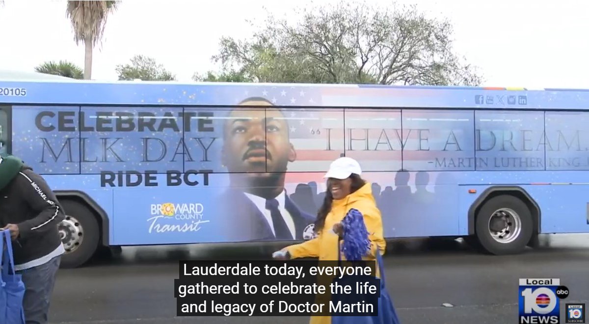 BrowardTransit's tweet photo. Exciting news! 🚌✨
#BCT bus was proudly featured on Channel 10 @WPLGLocal10  during the MLK Parade,
celebrating unity and community in style! 🙌 watch it here https://t.co/bwdhk8AqNX
.
.
.
.
.
#MLKParade #BCTConnects #CommunityPride #MLKCelebration https://t.co/jgttUlKn9T