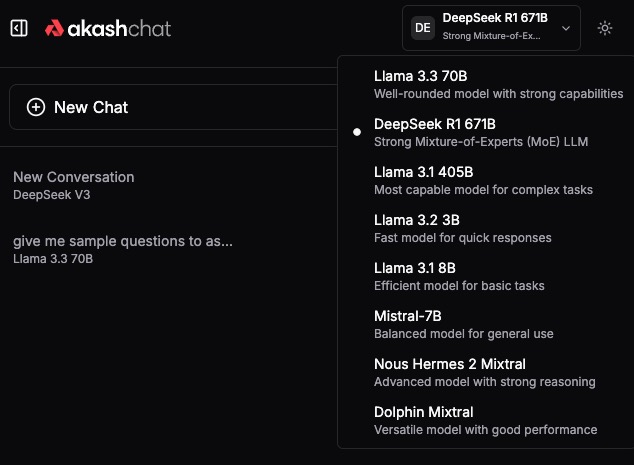 DeepSeek-R1 with performance on par with <a href="/OpenAI/">OpenAI</a>'s o1, is now available on AkashChat powered by 8x $AKT H200 GPUs.

More H200s are onboarding to <a href="/akashnet/"></a> soon, and builders can deploy their own instances to power their AI Agents, &amp; applications.

Only possible on Akash. 🔗👇