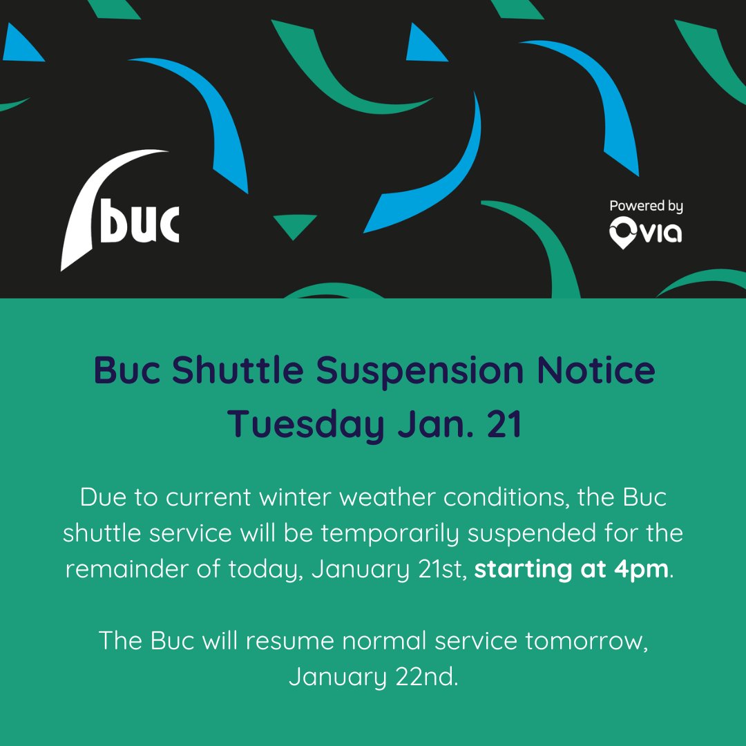 🚨 Buc Shuttle Service Update 🚨 Due to winter weather conditions, service will be suspended for the remainder of today, Jan. 21, starting at 4PM.

🚌 Normal operations will resume tomorrow, Jan. 22, at 7 AM.

We apologize for any inconvenience—stay safe and warm! ❄️