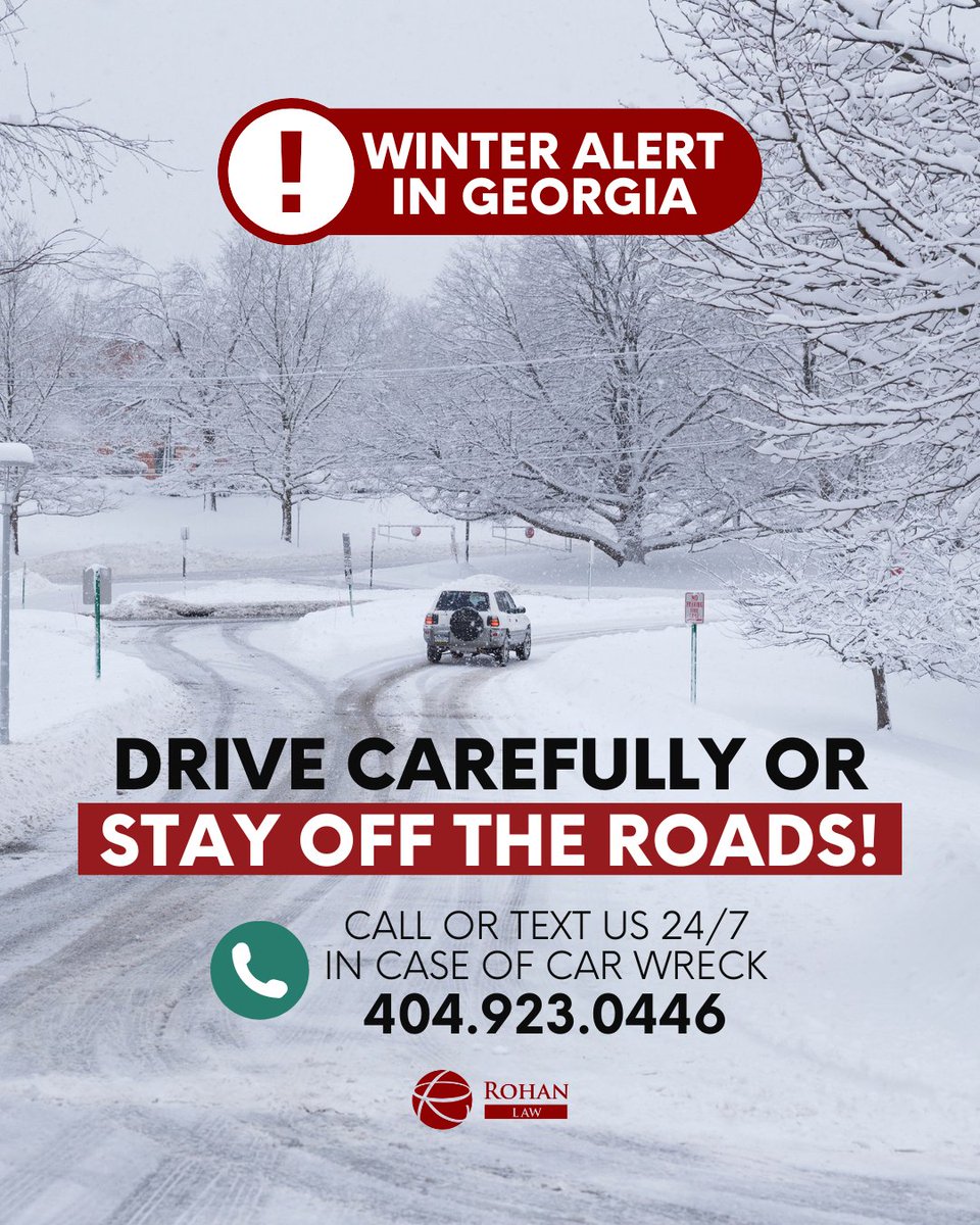 RohanLawPC's tweet image. 🚨 #WinterAlert for Georgia Drivers! ❄️ Snowfall has been forecast across our state, bringing icy and wet roads that can quickly turn dangerous. If you don’t have to be on the roads, please stay safe and avoid driving.

Contact us for your FREE consultation in case of car wreck!