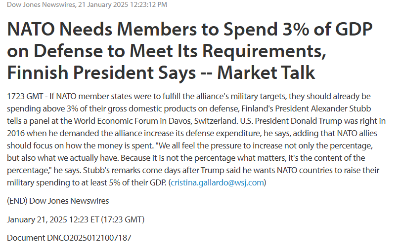 paulvieira's tweet photo. Finland President: NATO members should be spending 3% of GDP on military. On WSJ wires: (cc @DavePerryCGAI) https://t.co/kaYGujB73N