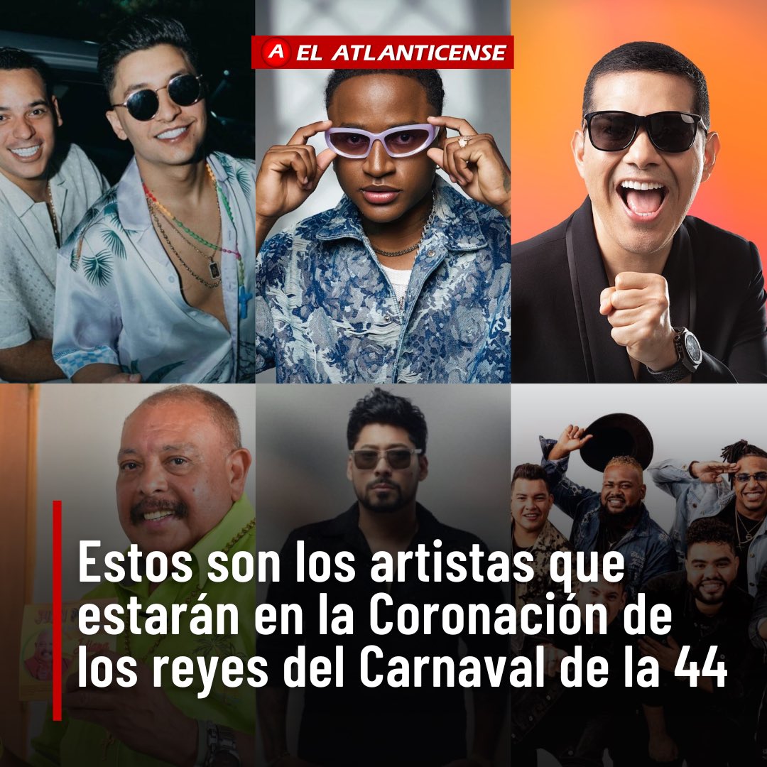 elatlanticense's tweet photo. #Carnaval44 #ElAtlanticense | 🎉 ¡Es Oficial! los directores de Olímpica, MIX y La Reina dieron a conocer la nómina de artistas que estarán presentes en la coronación de los reyes de la 44, que se celebrará el sábado 15 de febrero en la Plaza de la Paz a las 7:00 p.m. https://t.co/fKEfcy6AOr