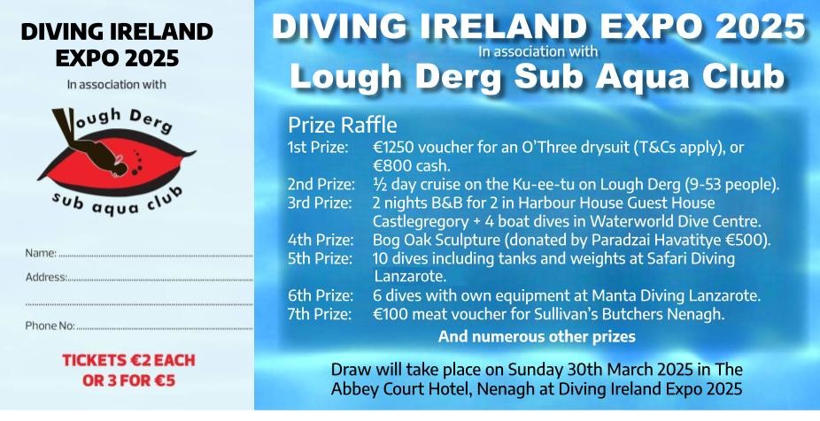 Reminder that Diving Ireland Expo raffle tickets are now available with some awesome prizes to be won, thanks to our amazing supporters! Tickets can be purchased online now via idonate.ie/raffle/DivingI…