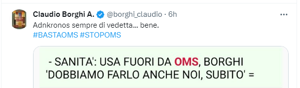 UGirovago77000's tweet photo. Uscire dall'OMS significa far mancare fondi per le vaccinazioni nei paesi poveri.
Capisco il suo menefreghismo .ma sinceramente le persone come lei mi urtano.
Le auguro tanta salute @claudioborghi ,si tocchi 
le palle perchè porto male...non vorrei..👋👋👋👋 https://t.co/EMkXRHK56c