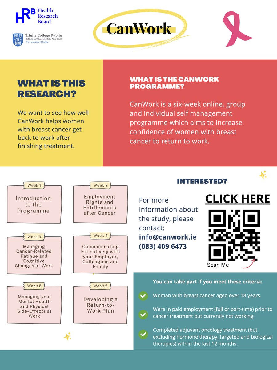 Are You a Breast Cancer Survivor Wanting to Return to Work?
Researchers from <a href="/tcddublin/">Trinity College Dublin</a> have developed CanWork - a 6-week online education programme supporting women with breast cancer to return to work.

📅 Now enrolling participants for a national study.