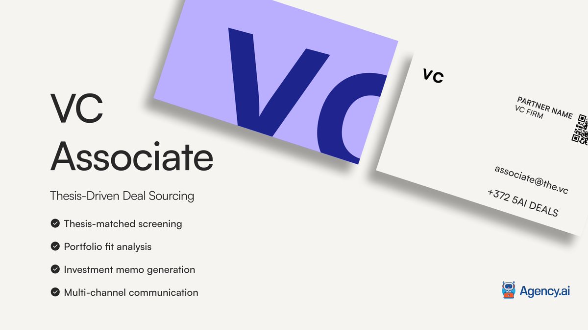 #VC: What if you could share a single email or phone number with founders—and have every pitch automatically screened, matched to your thesis, and turned into a memo? 

Intrigued, right? 

That’s exactly what VC Associate (An Agent by Agency.AI) does. It works 24/7