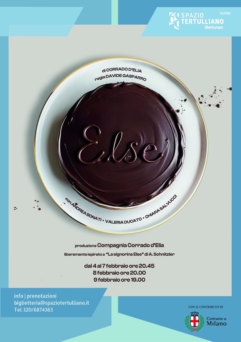 "Else" della Compagnia Corrado D'elia sarà a Teatro Spazio Tertulliano dal 4 al 9 febbraio.
Regia di Davide Gasparro, con Andrea Bonati, Valeria Ducato e Chiara Salvucci.