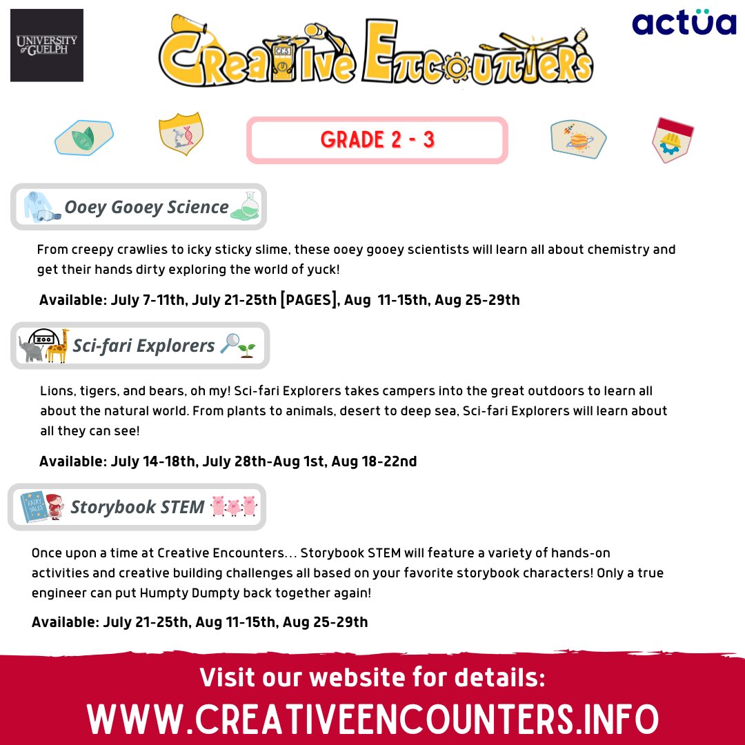 CEScamps's tweet photo. Grade 2-3 Camp Spotlight (2025)! 🔍🐛🐯📚

Visit our website to learn more! ➡️
https://t.co/q3zU4OGCJy

#UofG #creativeencounters #sciencecamp #summercamp2025 #guelph #guelphlife #summercamp #guelphmoms https://t.co/TFwtFYkhef