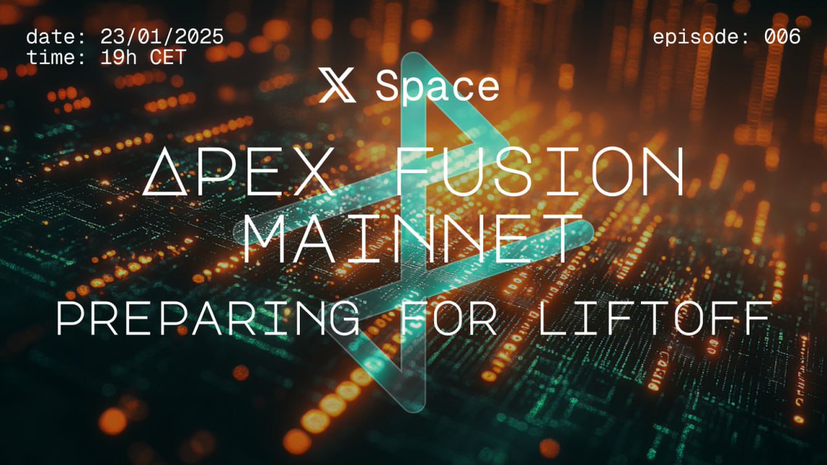 Mainnet is coming, and <a href="/ApexFusion/">Apex Fusion</a> is hosting an X Space to discuss the state of Prime mainnet, decentralization, and the importance of SPOs in shaping the path towards launch.

📅 Date &amp; Time: Thursday, January 23rd, 7PM CET
🔗 Join here:  x.com/i/spaces/1OdKr…

🎙️ Host: