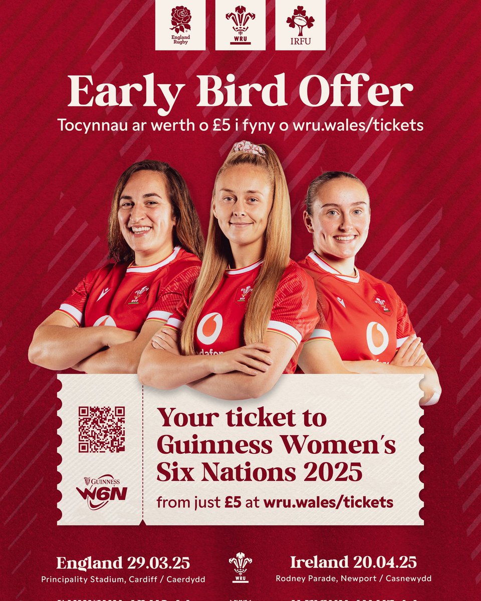 Welsh Rugby Union 🏴 (@welshrugbyunion) on Twitter photo 🚨 𝙀𝙖𝙧𝙡𝙮 𝘽𝙞𝙧𝙙 | Last chance to take advantage of the Early Bird offer & support 🆕️ head coach Sean Lynn & his squad this <a href="/Womens6Nations/">Guinness Women's Six Nations</a> 🙌👇
🏟 <a href="/principalitysta/">Principality Stadium</a> 🆚️🏴
🏟 <a href="/rodneyparade/">Rodney Parade</a> 🆚️☘️
𝘿𝙤𝙣’𝙩 𝙢𝙞𝙨𝙨 𝙤𝙪𝙩 🎟️ eticketing.co.uk/principalityst…
#GuinnessW6N 🚨 𝙀𝙖𝙧𝙡𝙮 𝘽𝙞𝙧𝙙 | Last chance to take advantage of the Early Bird offer & support 🆕️ head coach Sean Lynn & his squad this <a href="/Womens6Nations/">Guinness Women's Six Nations</a> 🙌👇
🏟 <a href="/principalitysta/">Principality Stadium</a> 🆚️🏴
🏟 <a href="/rodneyparade/">Rodney Parade</a> 🆚️☘️
𝘿𝙤𝙣’𝙩 𝙢𝙞𝙨𝙨 𝙤𝙪𝙩 🎟️ eticketing.co.uk/principalityst…
#GuinnessW6N