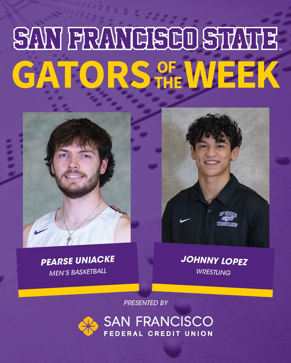 SF State Athletics (@sfstate_gators) on Twitter photo πGators of the Week, sponsored by <a href="/sffederalcu/">San Francisco Federal Credit Union</a>:
The conference leader in blocks led the Gators to a win over Cal State LA and Johnny beat all three opponents he faced last week! πGators of the Week, sponsored by <a href="/sffederalcu/">San Francisco Federal Credit Union</a>:
The conference leader in blocks led the Gators to a win over Cal State LA and Johnny beat all three opponents he faced last week!