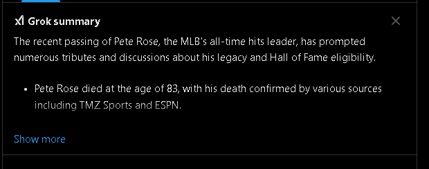 MDMcDuff's tweet photo. Pete Medhurst died and the Grok summary of the "RIP Pete" trend is about Pete Rose, who died in September 😅. The tech bros are right, we should rely on Generative AI for everything (/s) https://t.co/DLyZAYJeNE