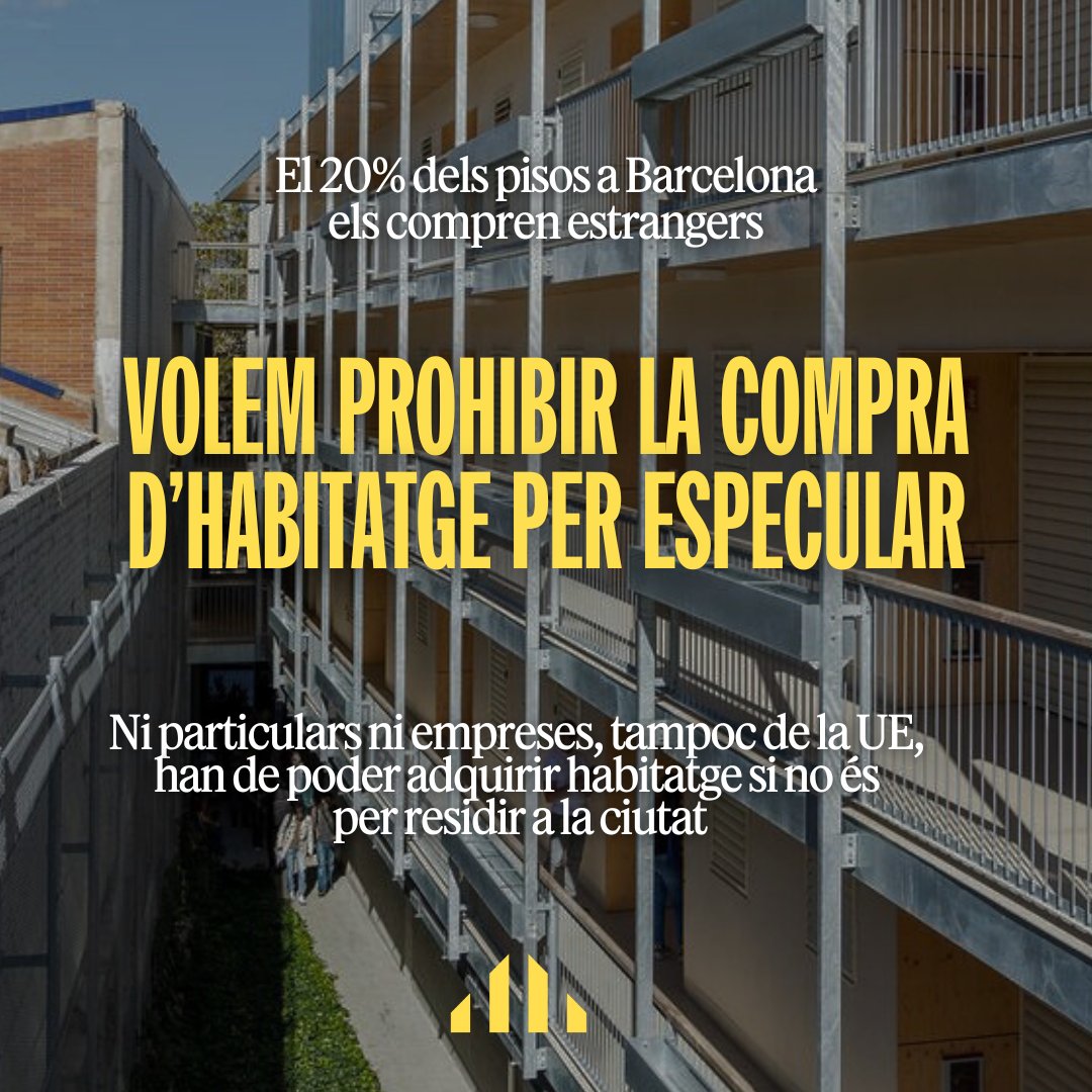 Si no actuem, Barcelona seguirà venent-se a trossets com al Monopoly.

Avui posem en marxa el procés perquè l'Ajuntament prohibeixi la compra d'habitatges per a especular per part d'empreses i particulars estrangers.

➕️ Més informació: esquerrabcn.cat/noticia/10518/…