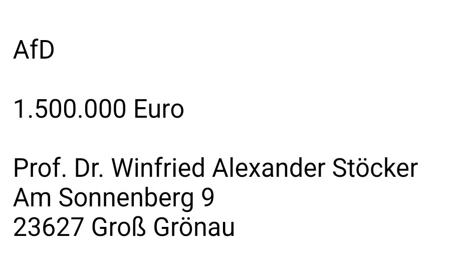 +++ Großspenden-Ticker +++
NEU: 1,5 Mio. Euro an die #AfD von Winfried Alexander Stöcker. Stöcker ist Eigentümer des Flughafen Lübeck-Blankenese. 🧵
bundestag.de/parlament/prae…