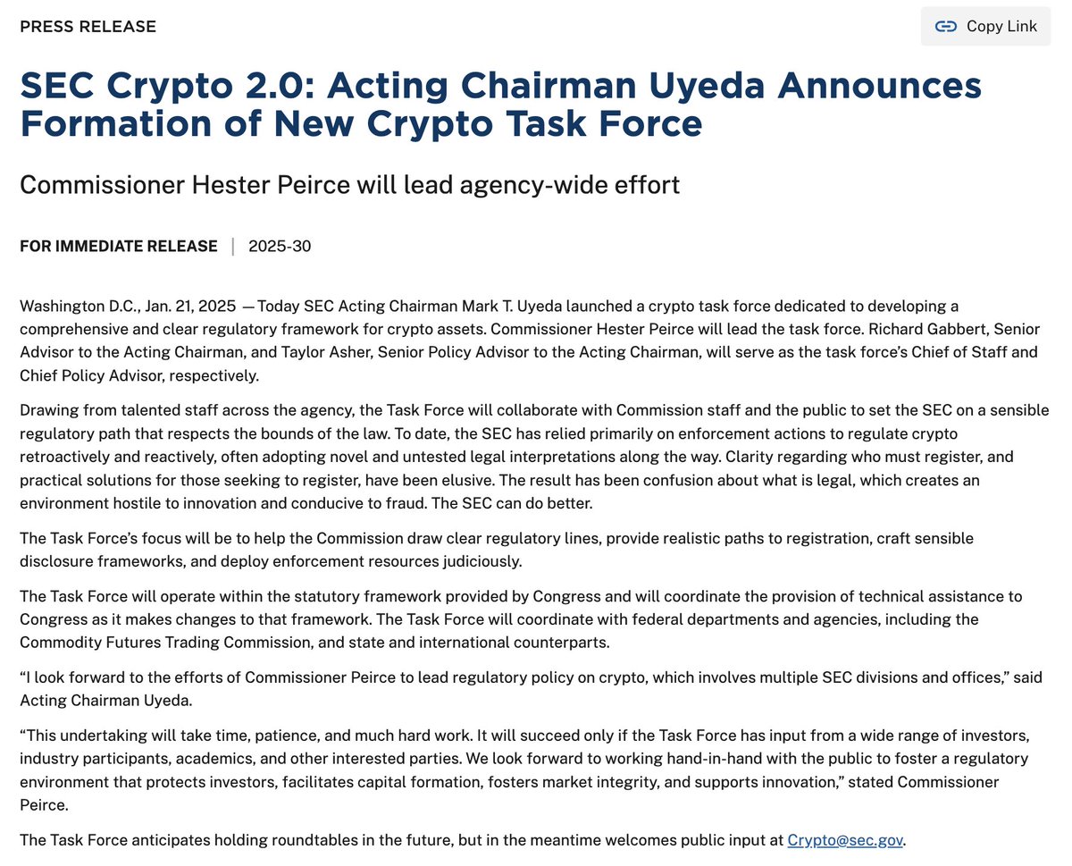 🚨BREAKING: SEC Acting Chairman Mark Uyeda announces a crypto task force  led by Commissioner Hester Pierce dedicated to creating a clear regulatory  framework for crypto assets
