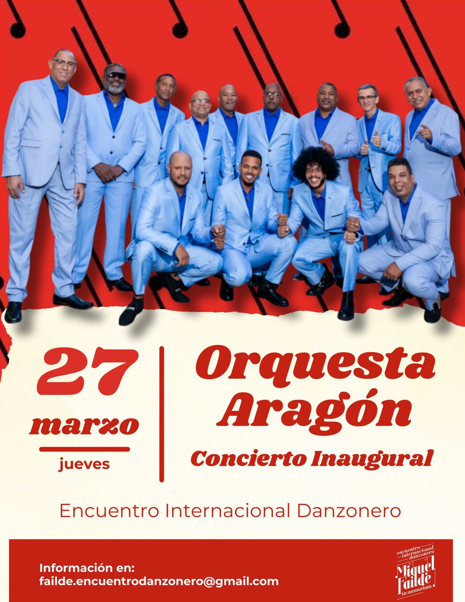 ❤️🎵La legendaria ARAGÓN, abrirá nuestro encuentro, el jueves 27 de marzo en Matanzas. 

No hay mejor modo de iniciar la fiesta grande del danzón en Cuba que con la charanga eterna, ganadora del Grammy Latino. 

Información e inscripciones  failde.encuentrodanzonero@gmail.com