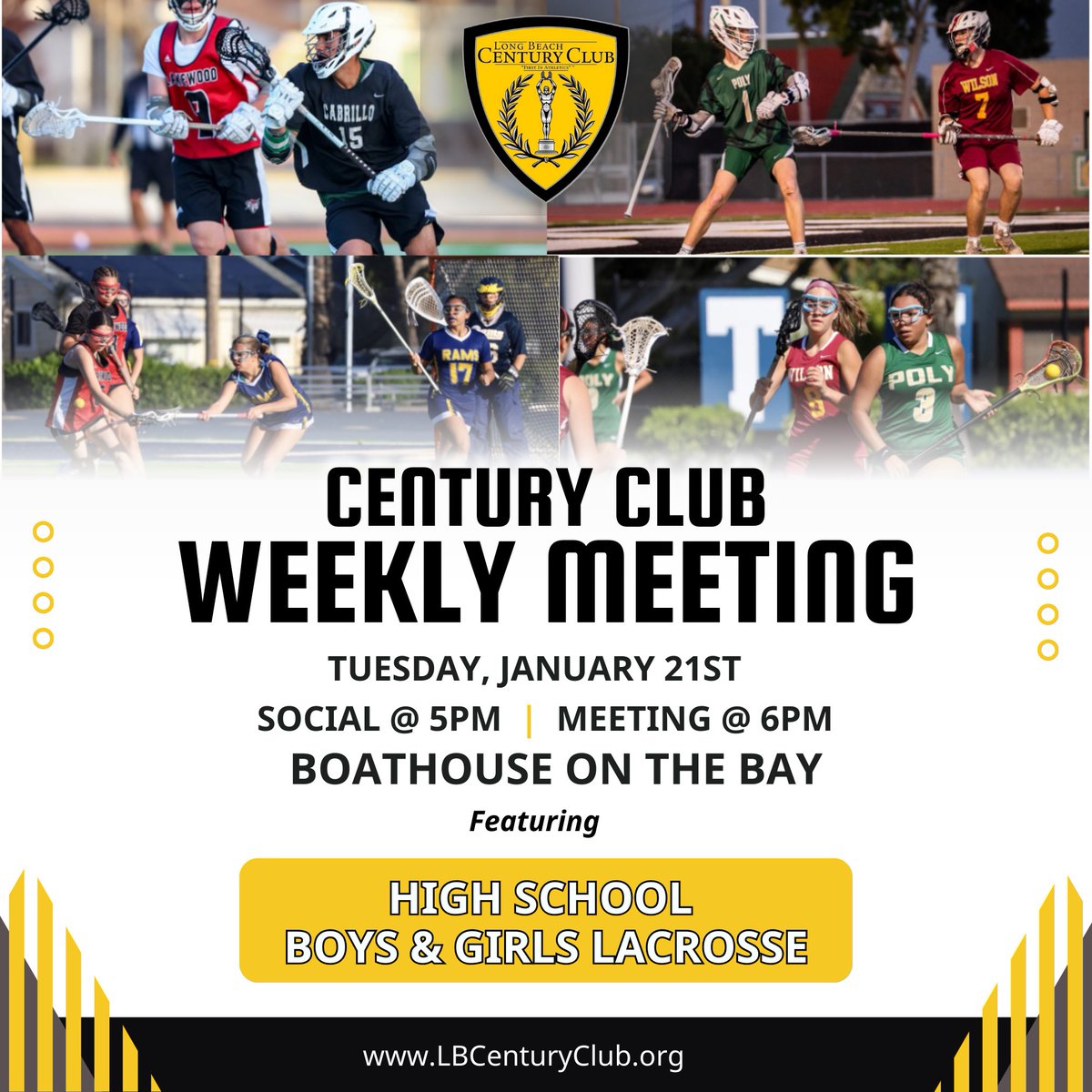 🏑Join us as we dive into one of the fastest-growing sports around—HS Boys &amp; Girls Lacrosse! Hear from players and coaches as they stick to the action and share insights about this exciting game. 🥍
📍 The Boathouse
🕔 Social @ 5 PM 🕕 Meeting @ 6 PM
See you there! #CenturyClub