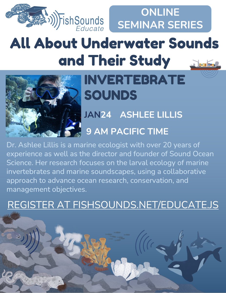 FishSounds (@fishsoundsweb) on Twitter photo 🦐🐙🦀
We will have our next FishSounds Educate seminar on Friday Jan 24 at 9 am Pacific—all about underwater invertebrate sounds with Dr. Ashlee Lillis <a href="/ashleelillis/">Ashlee Lillis</a>! Register here: uvic.zoom.us/meeting/regist… 🦐🐙🦀
We will have our next FishSounds Educate seminar on Friday Jan 24 at 9 am Pacific—all about underwater invertebrate sounds with Dr. Ashlee Lillis <a href="/ashleelillis/">Ashlee Lillis</a>! Register here: uvic.zoom.us/meeting/regist…