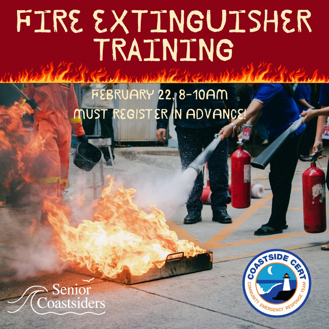 Senior Coastsiders is partnering with Coastside CERT to teach coastside residents how to use a fire extinguisher on Sat, 2/22 from 8-10am at Coastside Fire Station 40, 1191 Main St in HMB. You MUST register in advance by calling 650-726-9056. #seniorcoastsiders #CERT
