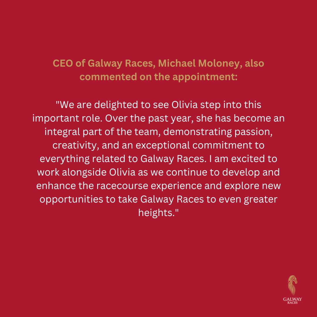 🎉 Galway Race Committee Welcomes Olivia Lynch Ward as New Commercial Marketing Manager 🎉

 The Galway Race Committee warmly welcomes Olivia to her new role and looks forward to her continued contributions to the success and growth of Galway Races. 🎊#GalwayRaces