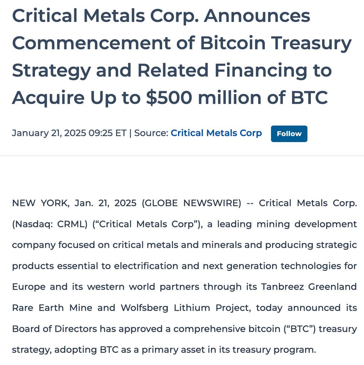 Critical Metals Corp just became the first Nasdaq-listed critical minerals company to make Bitcoin its primary treasury reserve asset. 

They already have access to $100mm to buy bitcoin and could acquire up to $400mm more via a convertible debt raise. 

(s/o <a href="/hashrate/"></a>)