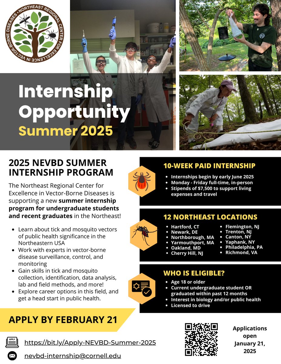 _NEVBD's tweet photo. Applications for the NEVBD Summer Undergraduate Internship Program are open! Students can apply to work with vector surveillance &amp; control professionals in CT, DE, MA, MD, NJ, NY, PA, &amp; VA. Interns will receive a stipend. Apply by February 21. Learn more: https://t.co/oKOdlfP7zo https://t.co/GHegFWhUD0