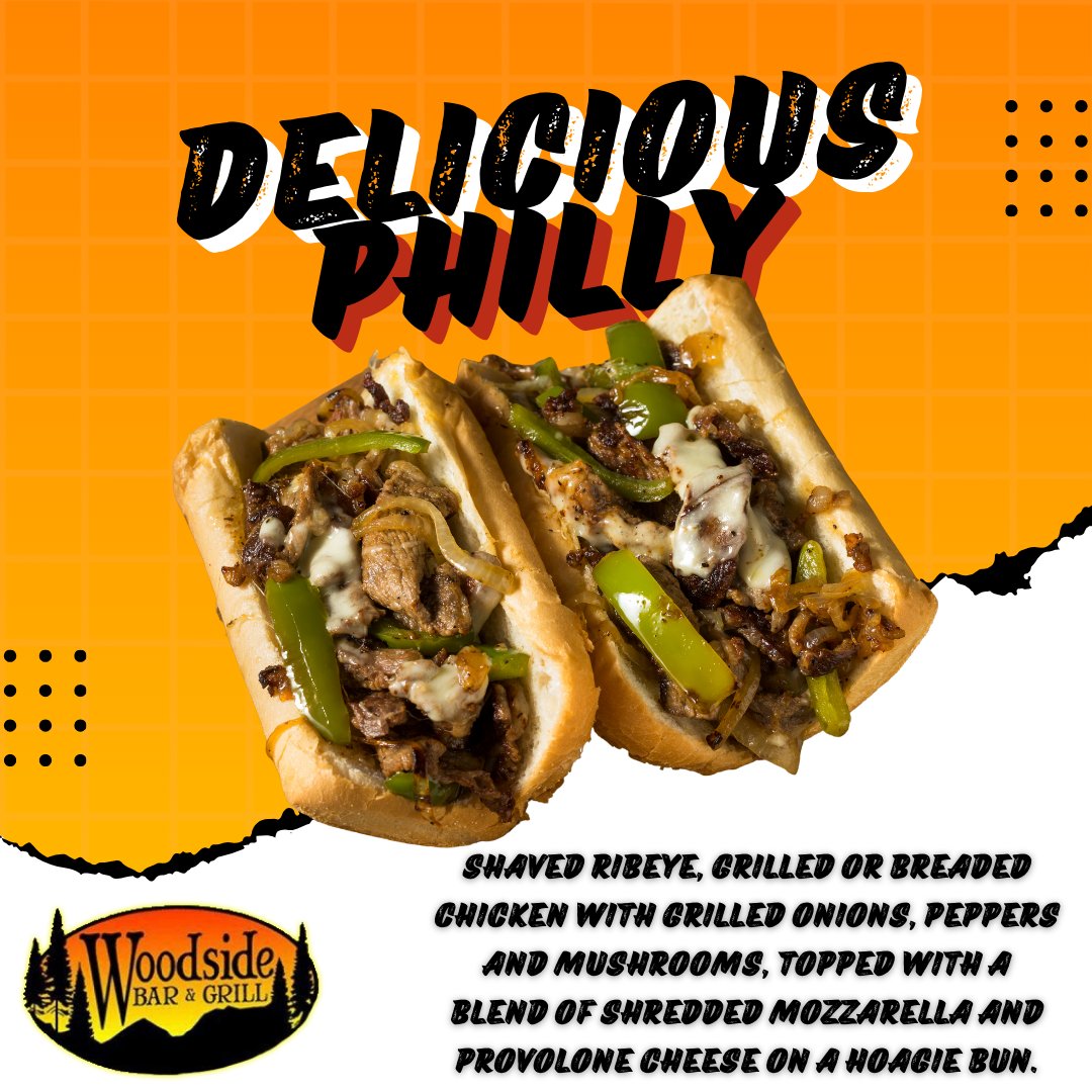 Craving the ultimate Philly? We’ve got you covered with tender steak and all the classic fixings, served up hot and fresh 🔥🥖 #WoodsideBarAndGrill #PhillyCravings #DeliciousBites #SandwichLovers
