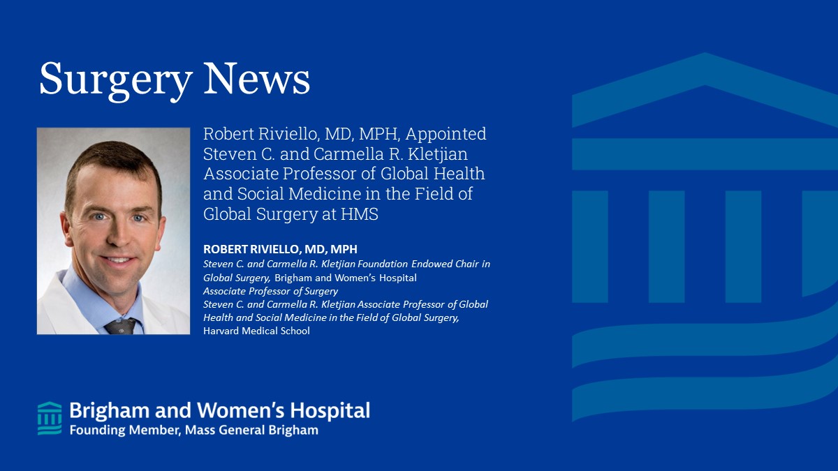 Brigham and Women’s Department of Surgery (@brighamsurgery) on Twitter photo Congratulations to <a href="/robertriviello/">Robert Riviello</a> for being appointed the Steven C. and Carmella R. Kletjian Associate Professor of Global Health and Social Medicine in the Field of Global Surgery <a href="/harvardmed/">Harvard Medical School</a>! <a href="/HarvardPGSSC/">Harvard Global Surgery</a>
bit.ly/3DYQ1rm Congratulations to <a href="/robertriviello/">Robert Riviello</a> for being appointed the Steven C. and Carmella R. Kletjian Associate Professor of Global Health and Social Medicine in the Field of Global Surgery <a href="/harvardmed/">Harvard Medical School</a>! <a href="/HarvardPGSSC/">Harvard Global Surgery</a>
bit.ly/3DYQ1rm