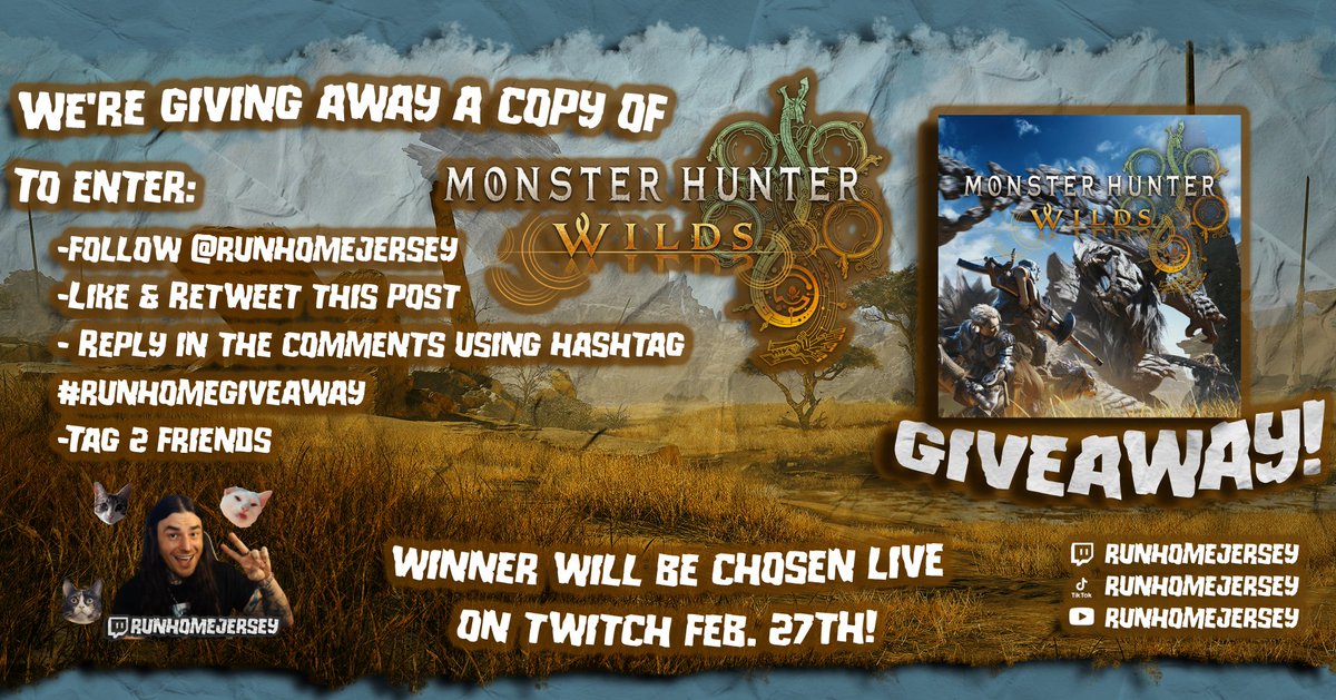 runhomejersey's tweet photo. We're giving away a copy of #MonsterHunterWilds!

To enter:
- Follow @runhomejersey on TWITCH!
- ♥ &amp;🔁this post
- Reply in the comments using hashtag #runhomegiveaway
- Tag 2 friends

Winner will be announced LIVE via #Twitch on Feb. 27th! #MonsterHunter #MHWilds https://t.co/hvJItZzZZw